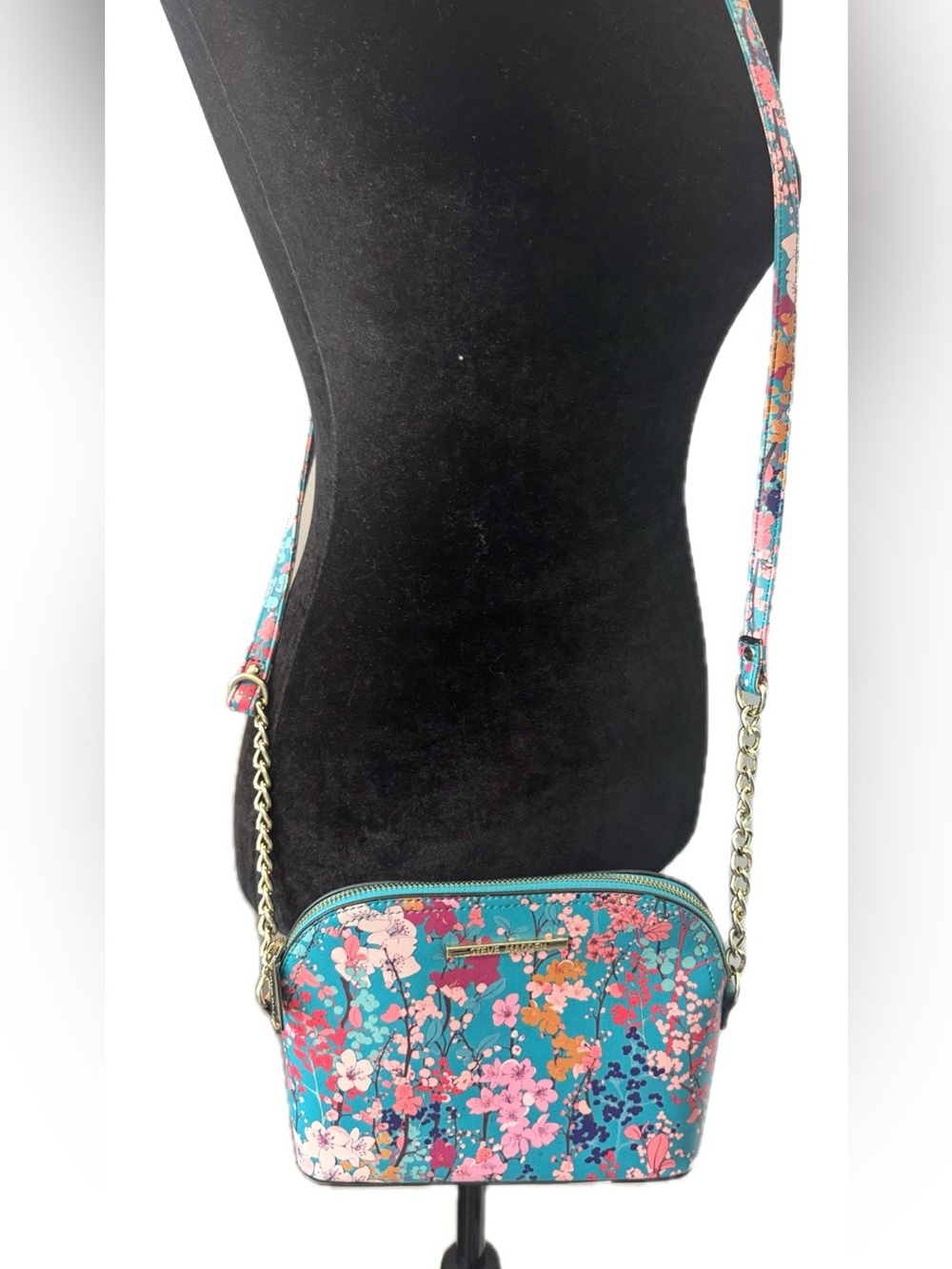 Steve Madden Floral Crossbody Bag Teal Pink Dome Satchel Gold Chain Purse